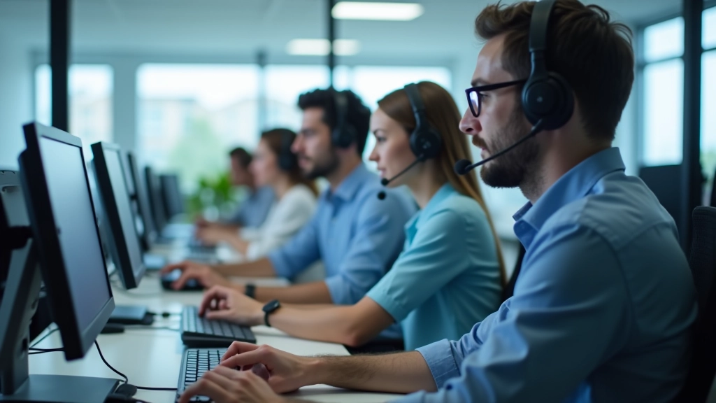 Equipo de técnicos de soporte remoto trabajando en oficina moderna