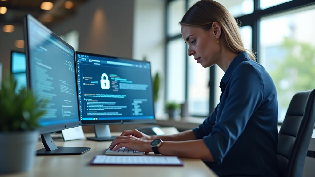 Persona trabajando en laptop con interfaz de seguridad digital visible en pantalla